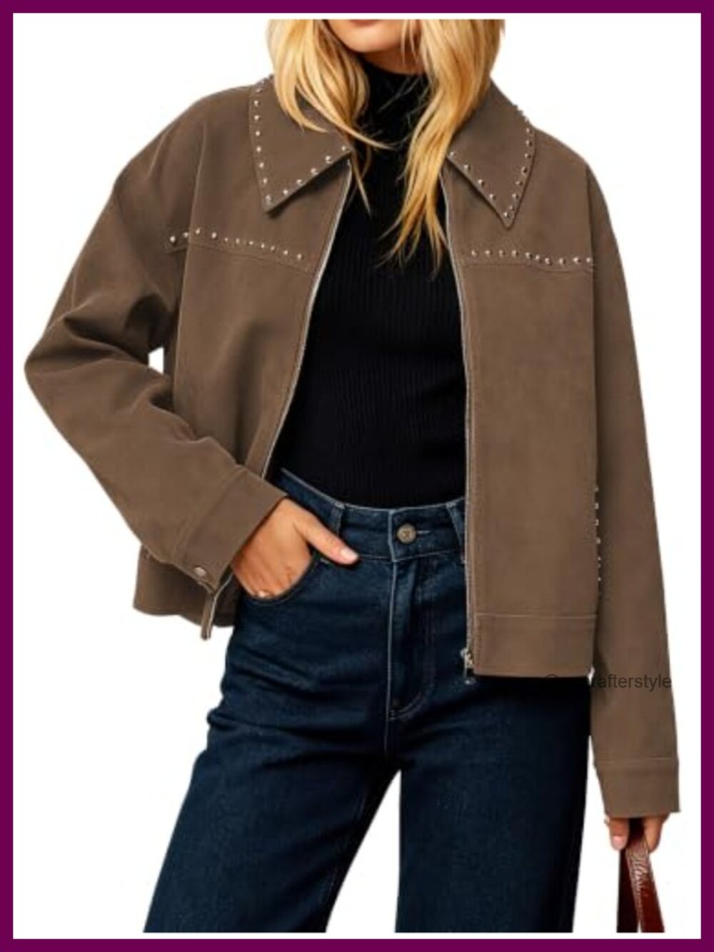Faux Suede Studded Cropped Bomber Jacket Zip Up Casual